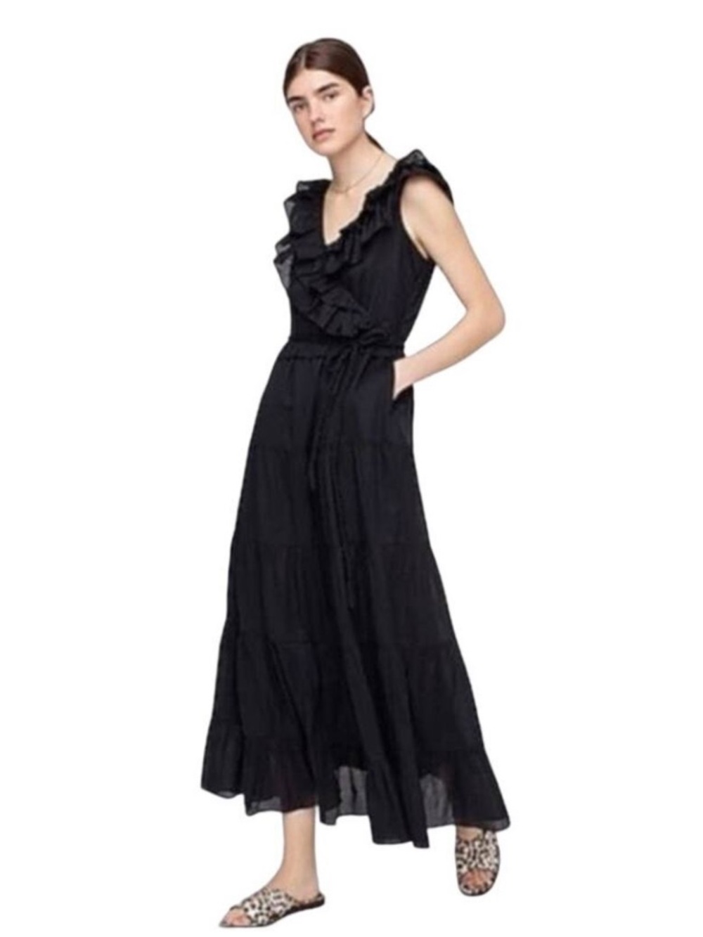 J Crew Black Ruffle Front Tiered Maxi Cotton Dress Womens Cottage Core Size 10